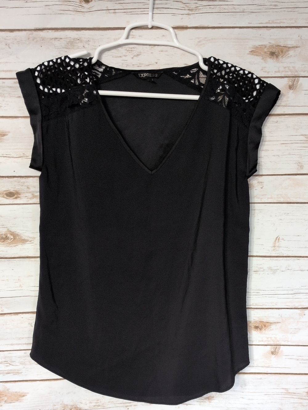Express Black V-Neck Lace Cap-Sleeve Blouse